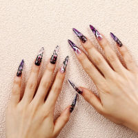 Long Pointed Tips Fake Nail Spiderweb Purple Reusable Artificial Nail for Lady Beauty Nail Makeup