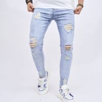 【YD】 Men Hip Hop Ripped Jeans Male Trousers Holes Stretch Denim Pants