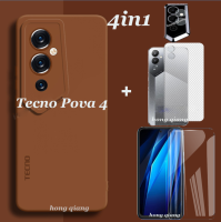 (4in1) เคสโทรศัพท์ซิลิโคนนิ่มสีทึบเคสมือถือกันกระแทก Tecno Pova 4เคสนิ่มใส่โทรศัพท์ + ฟิล์มกระจกนิรภัยโปร่งใส + ฟิล์มเลนส์ + ฟิล์มด้านหลัง