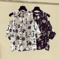 【มีไซส์ใหญ่】Plus Size Womens 3/4 Sleeve Chiffon Blouses Ladies Cute Cat Printed White Black Spring Summer Tops Oversized A-line Female Blusas