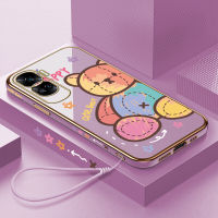 GGK เคสสำหรับ Honor 90 5G 90 Lite 5G ฟรีสายคล้องสีตุ๊กตาการ์ตูนขอบสี่เหลี่ยมลายหมีเคสโทรศัพท์ชุบหรูหราเคสโทรศัพท์นิ่ม