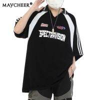 MAYCHEER  เสื้อยืดคอโปโลชายทรงหลวมเปิดหลังแขนสั้นพิมพ์ลาย