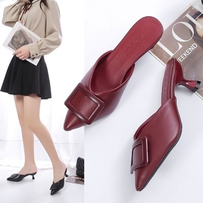 ♀ Womens Low Heels Leather Pointed Toe Square Buckle Kitten Heel Mules Half Shoes Ladies Black Red Shoes