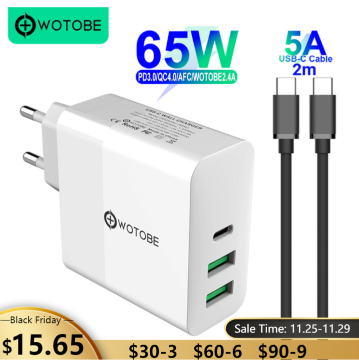 65W TYPE-C USB-C Power Adapter,1Port PD65W QC3.0 Charger For USB-C Laptops MacBook ProAir iPad Pro,2port USB for Samsung iPhone