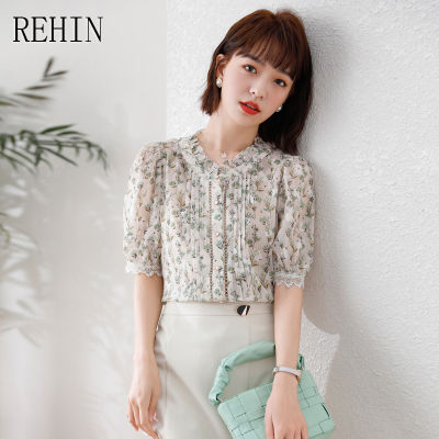 REHIN เสื้อเชิ้ตผู้หญิงแขนสั้นผ้าชีฟองลายดอกขาดด้านข้างมีหูไม้ชนิดสง่างามแฟชั่นสไตล์เกาหลีแบบใหม่ฤดูร้อน