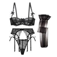 Varsbaby big bow sexy lace transparent half cup plus size underwear for bra + garter belt + thong + stockings 4 pieceslot