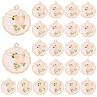 30Pcs Rack Plating Alloy Enamel Pendants Cadmium Free &amp; Nickel Free &amp; Lead Free Light Gold Flat Round with Flower &amp; Bees Pink 28x25x1.5mm Hole: 1.8mm