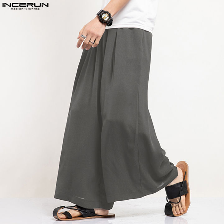 incerun-กางเกงขายาวทรงหลวมมีจีบสำหรับสุภาพบุรุษ-กางเกงขายาวกระโปรงผ้าถุงสไตล์ยิปซี-สไตล์เกาหลี