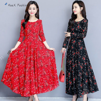 HuaX Women Long Sleeves Dress Large Swing Round Neck Midi Skirt Floral Printing Large Size A-Line Skirt Maxi Dress