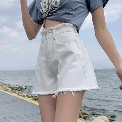 Women Burrs Denim Shorts Korean Slim R High Waist A line Plain Shorts