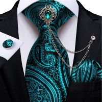 New Design Teal Blue Paisley Floral Silk Ties 8cm Men 39;s Wedding Party Business Necktie Hanky Brooch Cufflinks Set Cravat DiBanGu