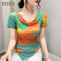 REHIN เสื้อผู้หญิงไม่เหมือนใครแฟชั่นใหม่ฤดูร้อนเสื้อยืดแขนสั้นพิมพ์ลายหมึกสีสันสดใส