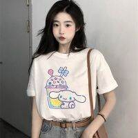 Sanrio เสื้อยืด Y2K ผ้าฝ้าย Cinnamoroll JUICE Kuromi เสื้อผ้าลำลองเสื้อการ์ตูนการ์ตูน Kawaii เสื้อยืดคู่ streetwear