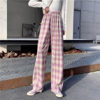 5 Colour Korean fashion style Womens high waist with elastic casual trousers plaid pattern culottes for woman slack straight wide leg long pants plus size