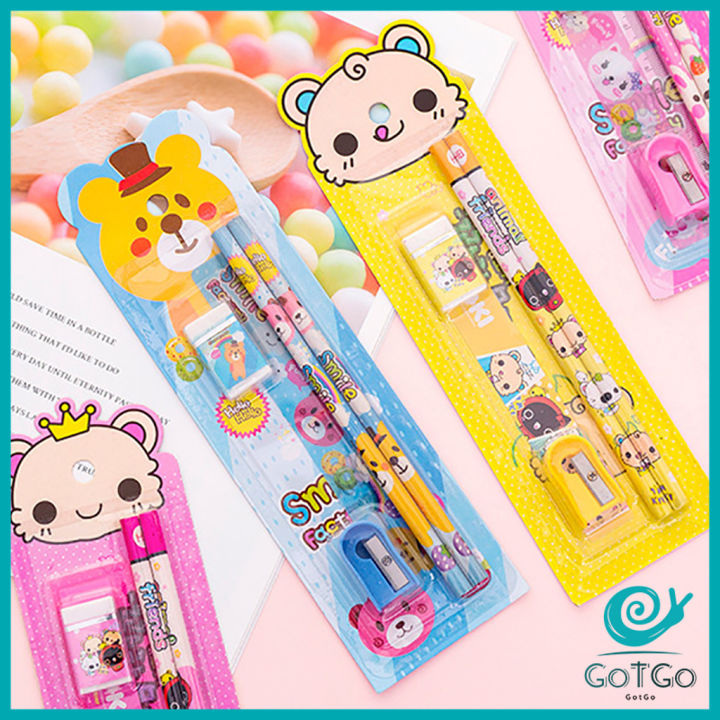 gotgo-เครื่องเขียนราคาถู-เครื่องเขียนราคาถู-ชุดเครื่องเขียนดินสอลายการ์ตูนน่ารัก-4-ชิ้น-cartoon-stationery-set