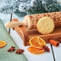 Christmas Rolling Pin with Pattern Cookies Biscuit Fondant Cake Snowflake Snowman Wooden Rolling Embossing Baking Pattern Roller Bread  Cake Cookie Ac