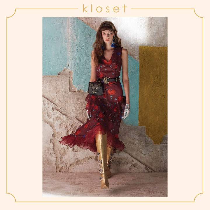 kloset-printed-dress-with-ruffles-aw18-d016-เสื้อผ้าแฟชั่น-เสื้อผ้าผู้หญิง-เดรสแฟชั่น-เดรสผ้าพิมพ์-เดรสยาว