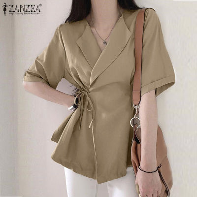 (ราคาต่ำสุด)(เคลียร์สต๊อกขาย)(จัดส่งฟรี) Fancystyle ZANZEA ผู้หญิงเสื้อสตรีสไตล์เกาหลีฤดูร้อนลำลองแขนสั้น V คอ Lace Up เสื้อเสื้อ