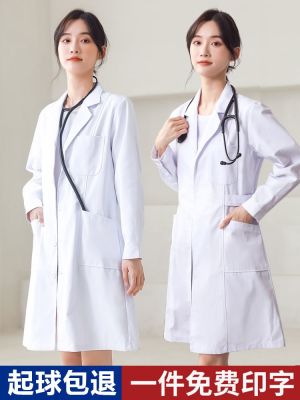 ☍✴ White coat womens long-sleeved doctors laboratory chemical summer short-sleeved thin coat beauty salon nurse work clothes