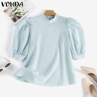 (จัดส่งฟรี)Fancystyle VONDA แฟชั่นสำหรับผู้หญิงเสื้อยืดคอกลมเสื้อเชิ้ตผู้หญิงแขนพองลำลองแขนสั้นลายทางเสื้อ #2