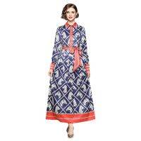 Women Dress Spot Real Shot-Fashion Elegant Long Sleeve Bow Cinched  Printed MAXI Dress