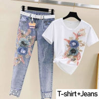 T-shirt + Jeans two-piece suit emboitement 2023 Women High Waist Skinny Embroidery Jeans Floral Print Denim Pants Trousers Women Pencil Pants Blue (option"Color": have single"T-shirt "or single or "T-shirt + jeans". Please See the details page) ban