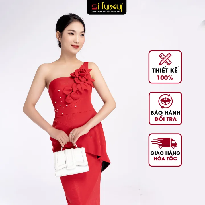 Đầm đỏ lệch vai dự tiệc thiết kế cao cấp Siluxy dáng ôm peplum che ...