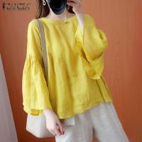 2021 ZANZEA ฤดูร้อนผู้หญิง Vintage O คอยาว Flare แขนเสื้อหญิงทำงานเสื้อ Chemise Casual หลวม Blusas Tunic Tops