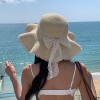 Korean Straw Hat Women Lace Bow Large Brim Foldable Sun Hats Summer Seaside Beach Sweet Versatile Bome Bucket Cap