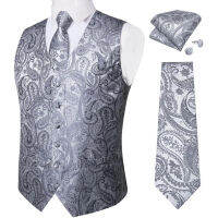 หรูหราเงินสีเทา Paisley เสื้อสูทผู้ชาย Tuxedo Blazers งานแต่งงาน Waistcoat คอ Tie ชุดลำลองเสื้อแขนกุด