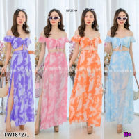 B18727 	set 3 ชิ้น เสื้อไหล่ระบาย + กระโปรงยาว + สายผูก #ลายกินอ่อน set 3 pieces, ruffled shoulder top + long skirt + tie strap