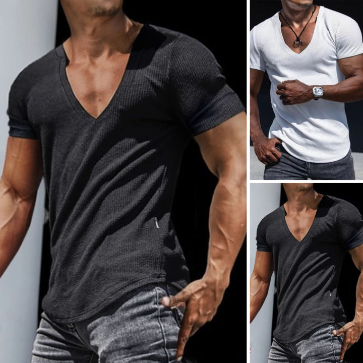 Men Shirt V-Neck Solid Color Breathable Sweat Absorption Quick Dry