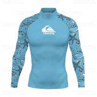 เสื้อ Rash Guards เสื้อเชิ้ตลายเซิร์ฟผู้ชายชุดว่ายน้ำชุดดำน้ำเสื้อผ้าเซิร์ฟรัดรูปแขนยาวเสื้อยืดเซิร์ฟยืดหยุ่นป้องกัน UV จากแสงแดด