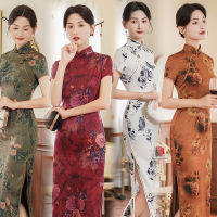 8สีใหม่ผู้หญิงยาว Cheongsam ฤดูร้อนแขนสั้นดอกไม้ Vintage Dress Plus ขนาด Slim Qipao M To 5XL High-Fashion