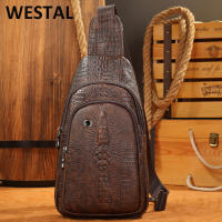 WESTAL Cowhide หนังแท้ C Rossbody สลิงกระเป๋าผู้ชาย Croco ลายนูนกระเป๋าหน้าอกกันน้ำกระเป๋าสะพายสีดำสำหรับการเดินทาง