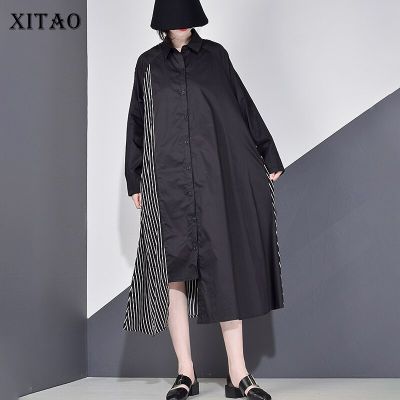 XITAO Dress Patchwork Striped Irregular Long Women Long Sleeve Shirt Dress