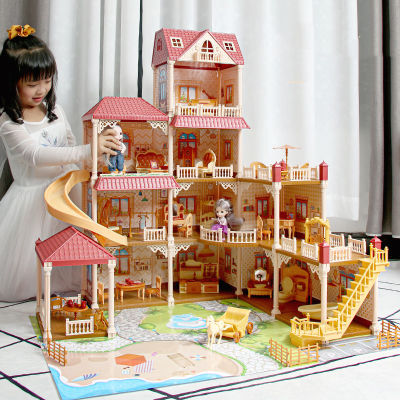 ของเล่นบ้านตุ๊กตา สาวบ้านตุ๊กตามีไฟLED มีเฟอร์นิเจอร์ ของเล่นบ้านบาร์บี้  บ้านตุ๊กตาDIYมีตุ๊กตา2ตัว ของเล่นชุปราสาทเจ้าหญิงสุดน่ารัก