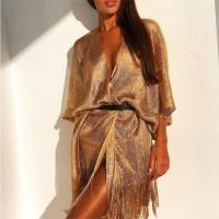 New Womens Sun Protection Clothing Tassel Gold Silver Bikini Cover Up Sexy Boho Beach Dress for Women Beachwear 2023 Summer See Through Swimsuit Cover-ups Vestido Holiday Beach Cover