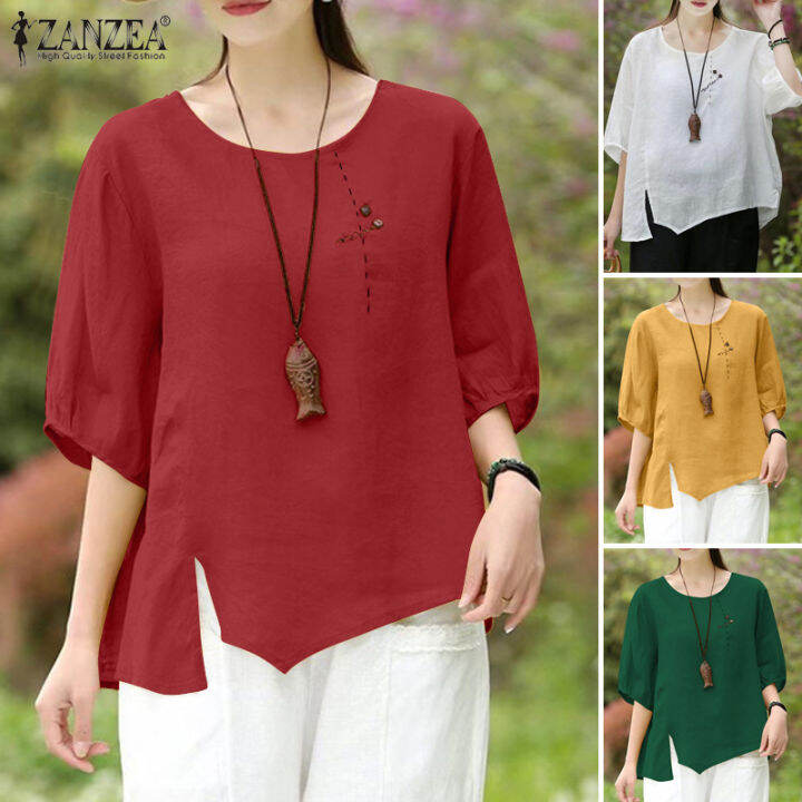 สินค้ามาใหม่-จัดส่งฟรี-fancystyle-zanzea-เสื้อยืดผ่าข้างฝ้ายลินินสำหรับผู้หญิงเสื้อสูงต่ำเย็บลายดอกไม้ย้อนยุค-8