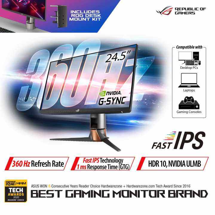 Monitor Gamer Asus ROG Swift Esports 24.5'' Fast IPS FHD 360Hz 1ms G-Sync  HDMI/DP Desk Mount Kit, PG259QNR