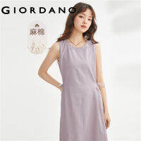 GIORDANO ผู้หญิง เดรสผ้าฝ้ายลินินธรรมชาติทอเข็มขัดคอกลมเชียร์ Free Shipping 13463305