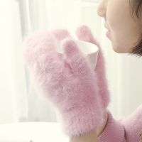 Rabbit Wool Gloves Ladies Mittens Faux Fur Winter Keep Warm Thicken Gloves Solid Color Full-finger Soft Outdoor Knitted Gloves