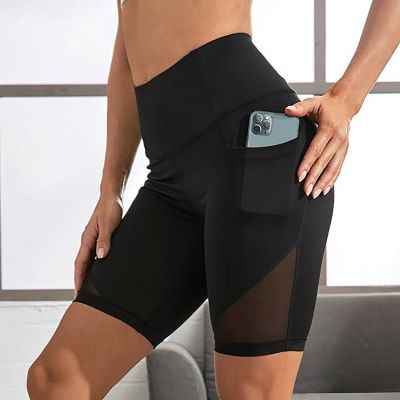 กางเกงกีฬาขาสั้นมีกระเป๋าข้างสำหรับผู้หญิงกางเกงรัดรูปผ้ายืดออกกำลังกายกางเกงโยคะเอวสูงแห้งเร็ว L-1รัดรูป