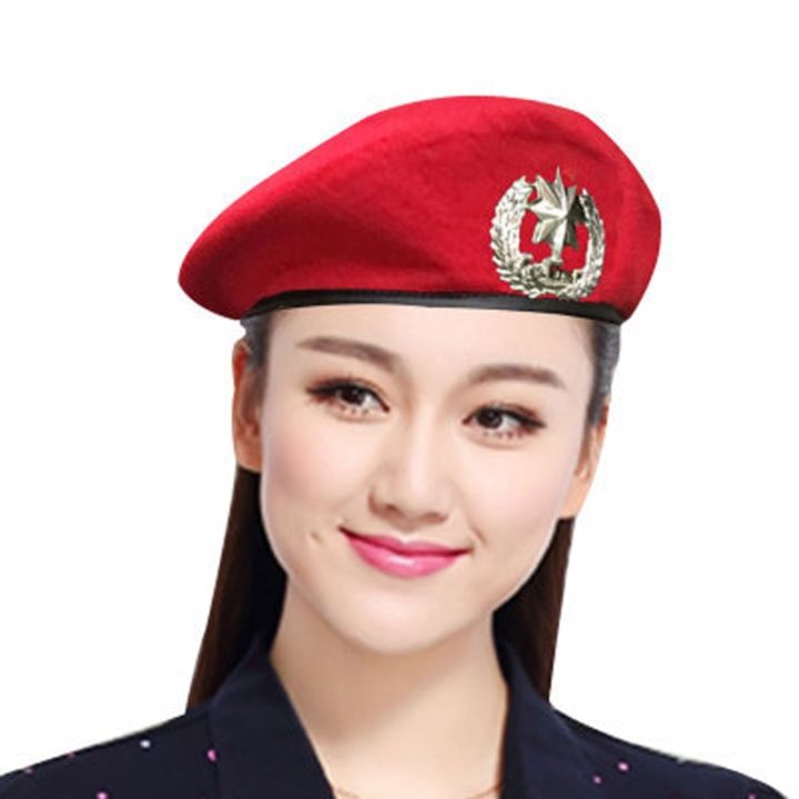 high-q-men-women-wool-felt-berets-metal-badge-decor-sailors-dance-performance-hat-trilby-military-fans-army-cap-adjustable