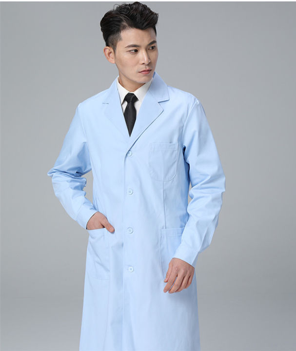 unisex-แขนยาวสีขาว-lab-เสื้อผู้ชายผู้หญิงปกปุ่มลงแพทย์แพทย์เสื้อกับกระเป๋าหมอพยาบาลเครื่องแบบ