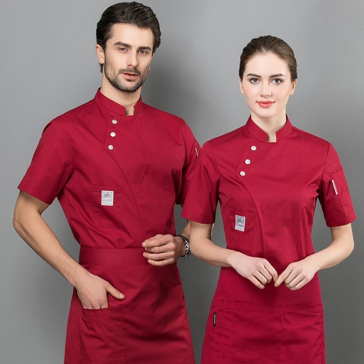 เสื้อเบเกอร์แขนสั้นสำหรับผู้ชาย-เสื้อเครื่องแบบเชฟภัตตาคารทำอาหารร้านกาแฟเบเกอร์สำหรับผู้หญิงพนักงานเสิร์ฟ