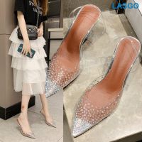 [COD] Baotou pointed toe sandals women 2020 summer cash Korean style fashion rhinestone high heel strap transparent tide