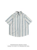 Retro Japanese vertical striped short-sleeved shirt mens summer loose niche literature and art casual half-sleeved shirt 【BYUE】