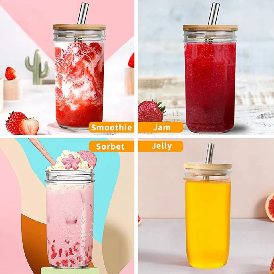 24oz Straw Cup with Wooden Lid Reusable Bubble Tea Glass Cup with Straw for  Smoothie Boba Milkshake Drinking Straws Cup Glasses