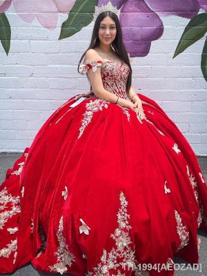 ☌∋✑ AEOZAD Vestidos Quinceanera Vermelho Decote V Applique Up de Puffy Sweep Train Vestido Longo Luxo XV Mexicano